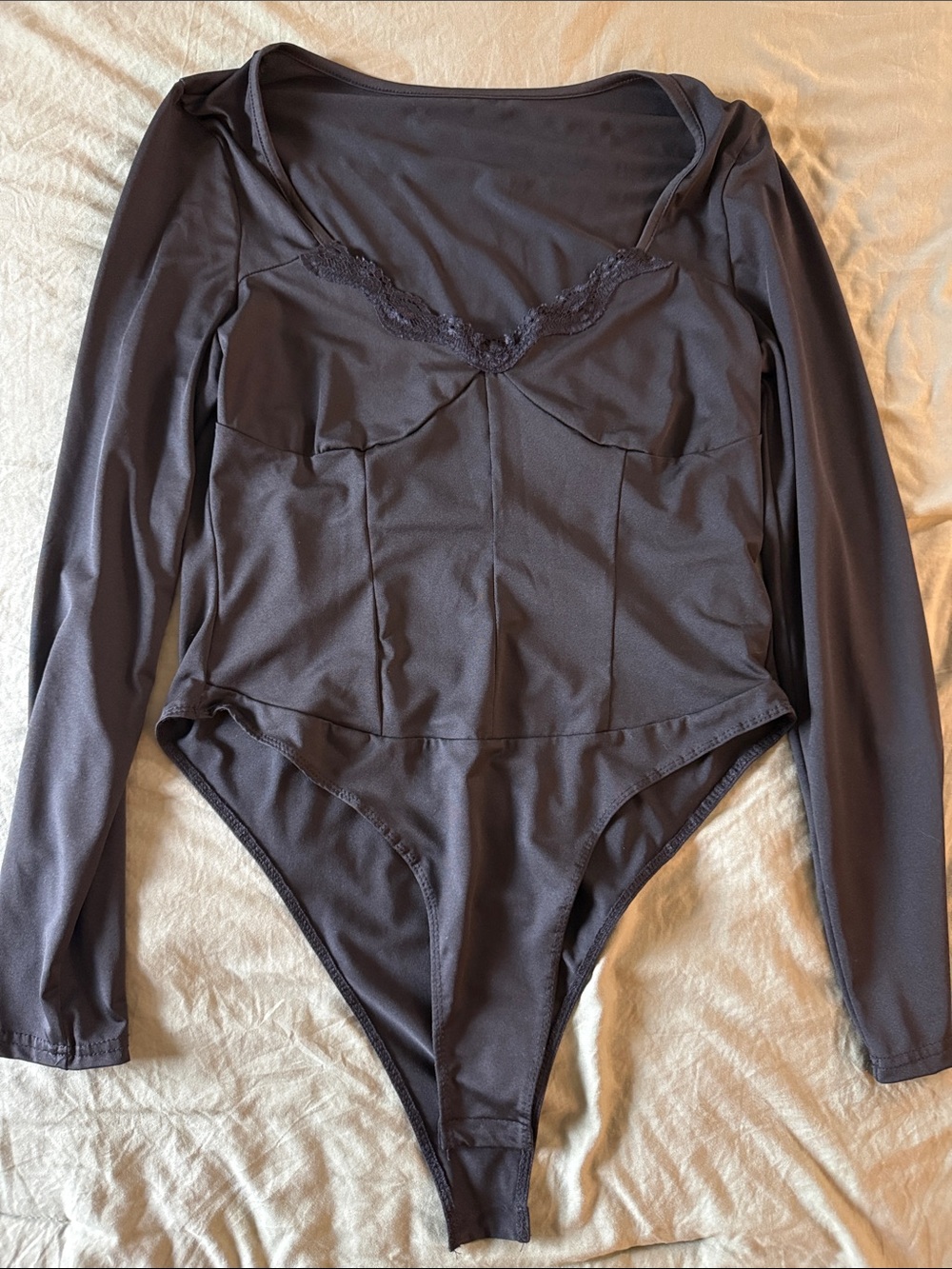 SHEIN Black Long-Sleeve Lace-Trim Bodysuit